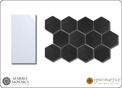 [XKMMH1HF] Honed marble 1-1/4" hexagon Sample Card in 'Jet Black'